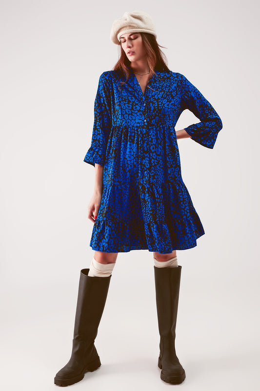 Tiered mini smock dress in blue animal print | Just Cool Beans — dresses