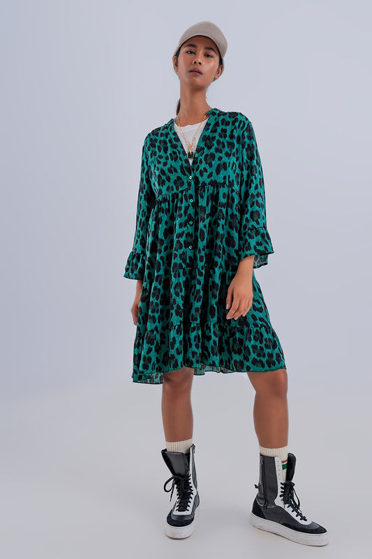 Tiered smock mini dress in green animal print | Just Cool Beans — dresses