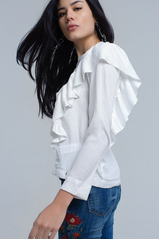 Top with ruffle detail in cream | Just Cool Beans — shirts | tops
