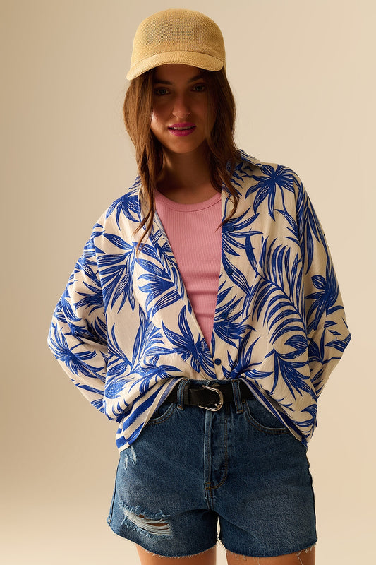 Tropical motif relaxed blouse in blue and white | Just Cool Beans — dresses