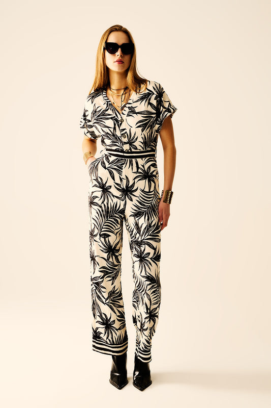 Tropical motif short sleeve jumpsuit in black and white | Just Cool Beans — dresses | bottoms