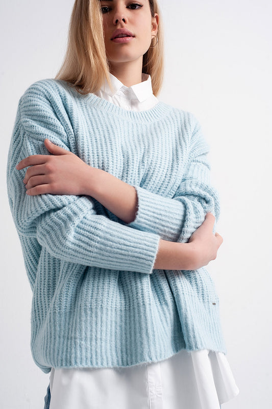 Turquoise round neck boyfriend sweater | Just Cool Beans — sweaters | tops