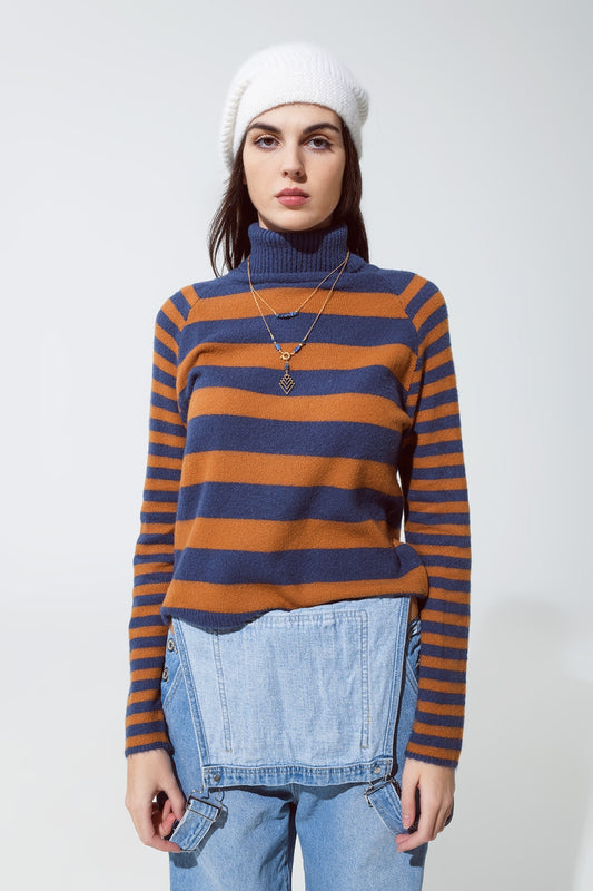 Turtleneck sweater with stripes in blue and brown | Just Cool Beans — sweaters | tops