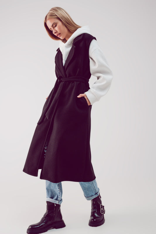 Ultra longline belted gilet in black | Just Cool Beans — coats and jackets | jackets