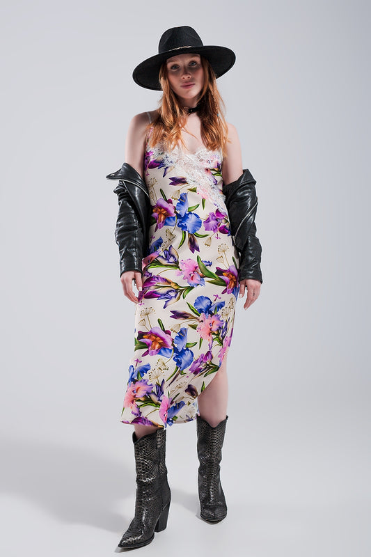 V back satin midi dress in beige clashing floral print | Just Cool Beans — dresses