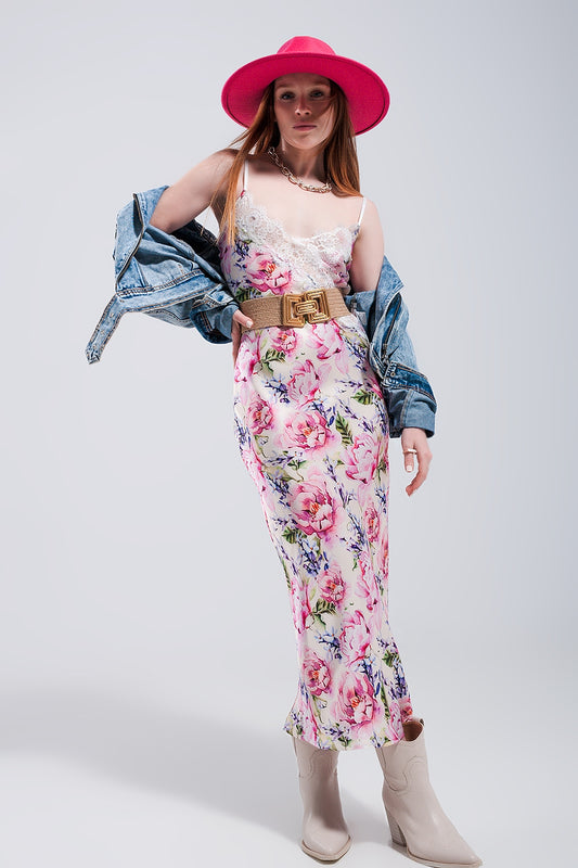 V back satin midi dress in pink rose print | Just Cool Beans — dresses