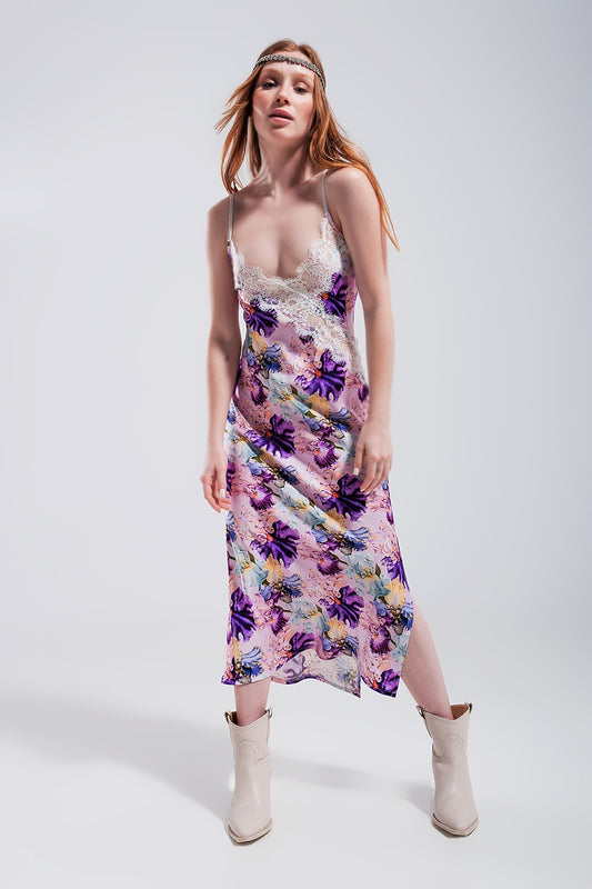 V back satin midi dress in purple clashing floral print | Just Cool Beans — dresses