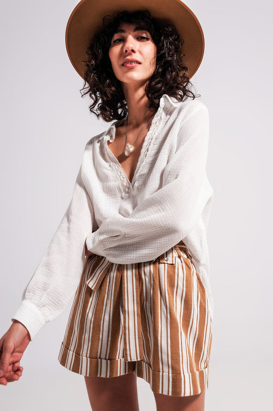V neck blouse with lace detail in cream | Just Cool Beans — shirts | tops