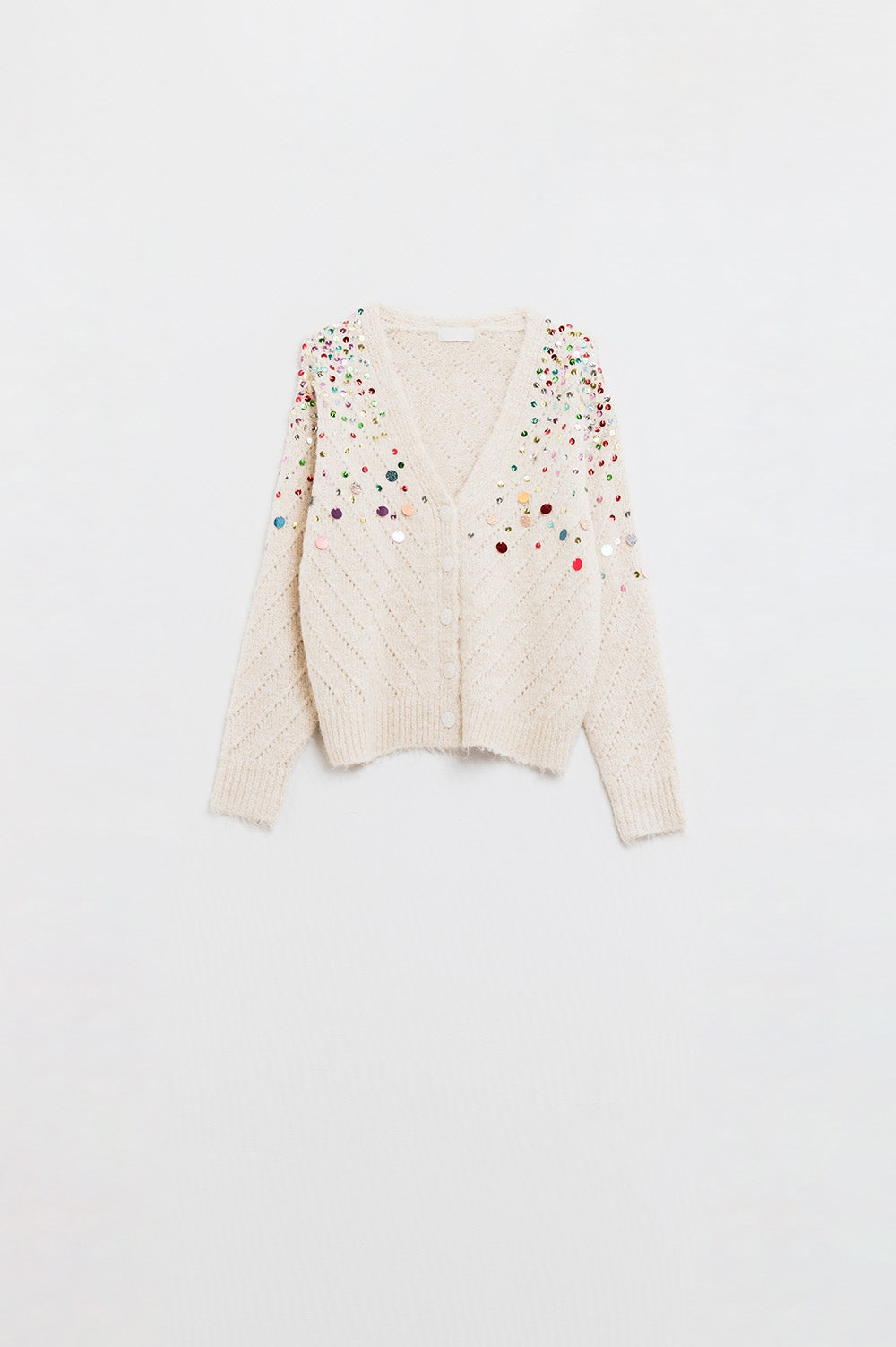 V-neck cardigan with multicolor embroidered sequin in beige | Just Cool Beans — sweaters | tops