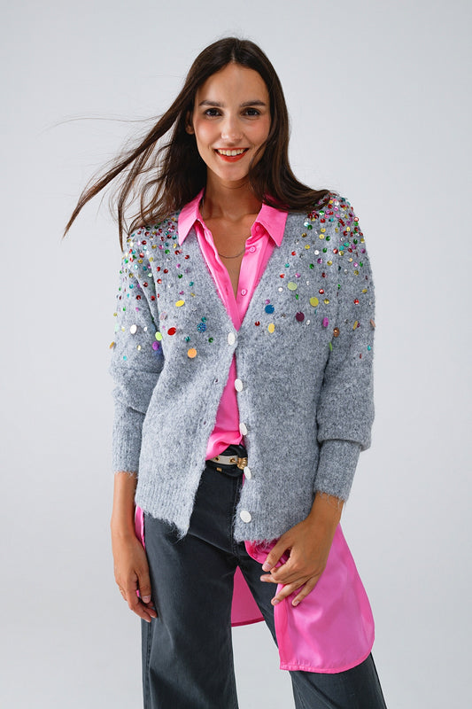 V-neck cardigan with multicolor embroidered sequin in gray | Just Cool Beans — sweaters | tops
