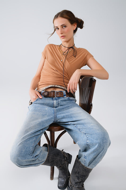 V-neck crossed drapped fitted top with cap sleeves in beige | Just Cool Beans — tops