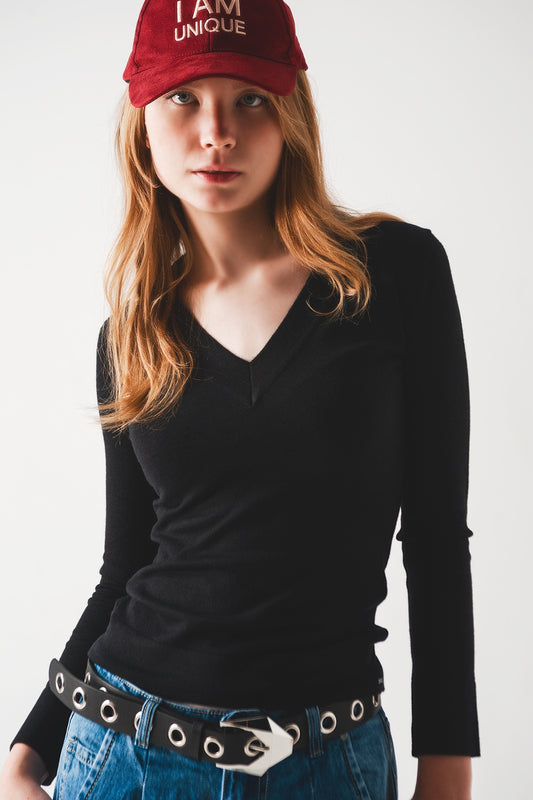 V neck fine knit jumper in black | Just Cool Beans — sweaters | tops