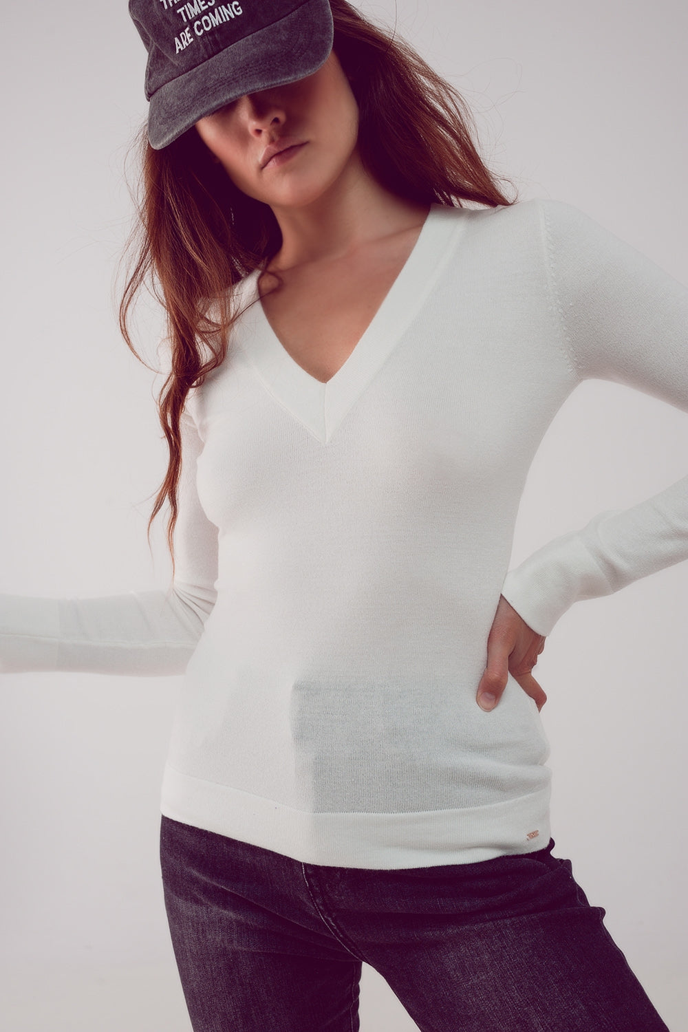 V neck fine knit jumper in cream | Just Cool Beans — sweaters | tops