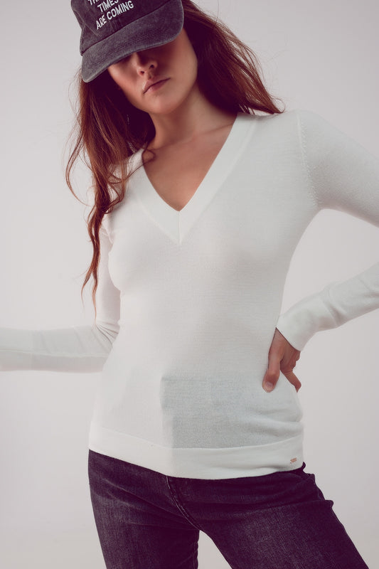 V neck fine knit jumper in cream | Just Cool Beans — sweaters | tops