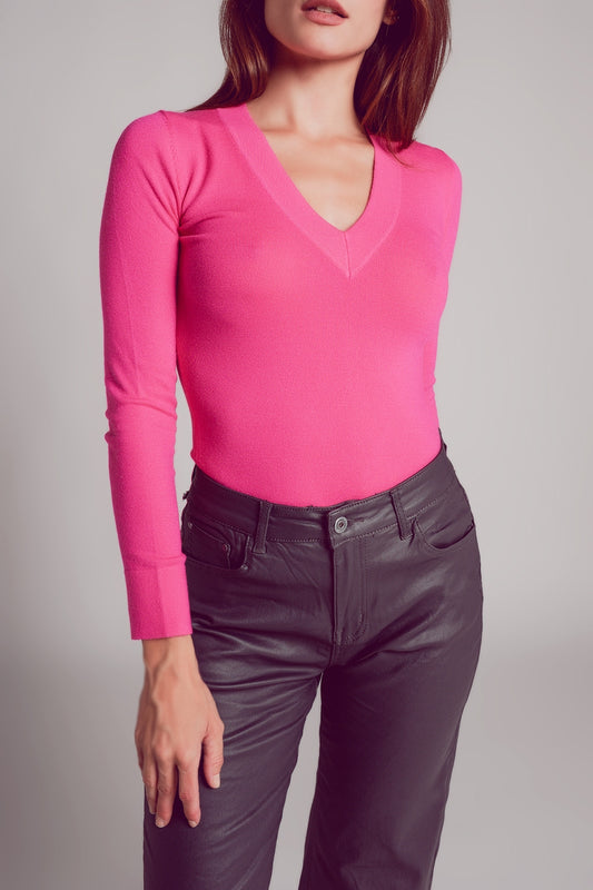 V neck fine knit jumper in fuchsia | Just Cool Beans — sweaters | tops