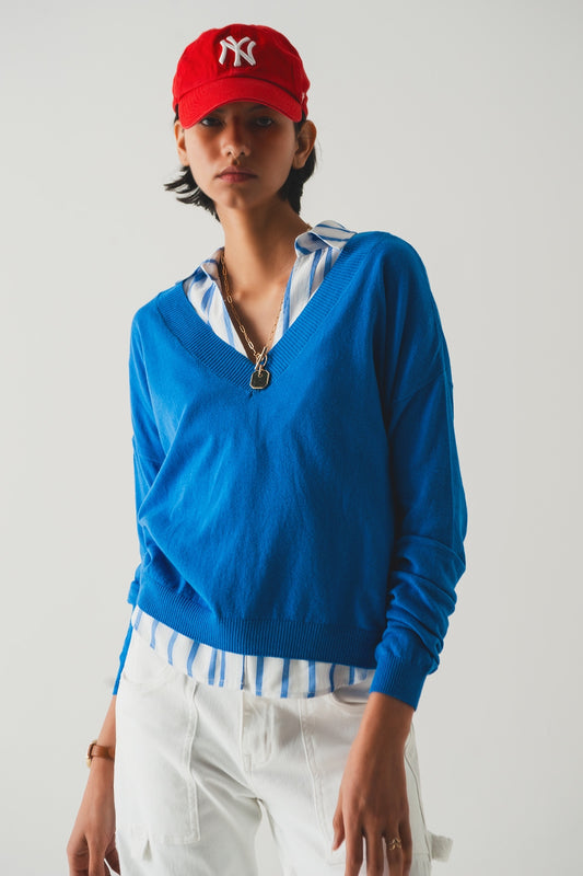 V neck fine knit sweater in blue | Just Cool Beans — sweaters | tops