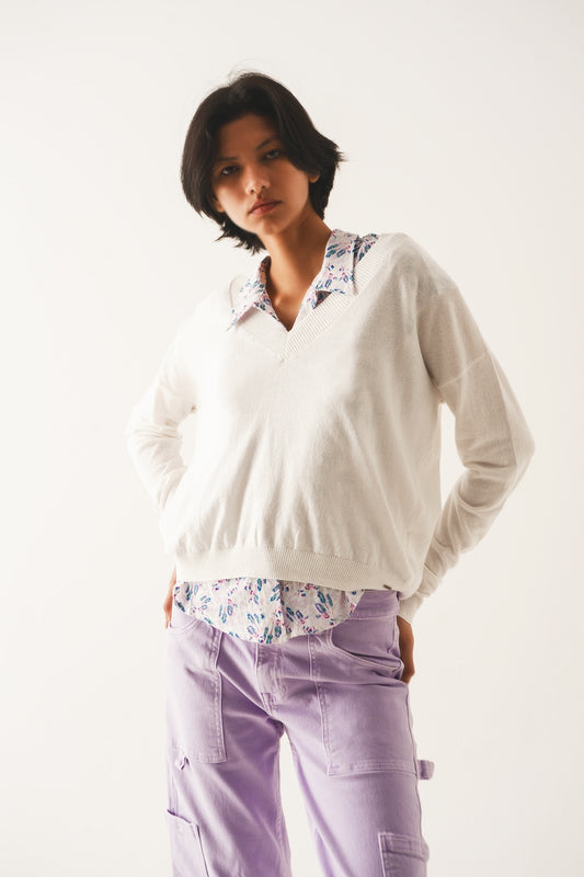 V neck fine knit sweater in cream | Just Cool Beans — sweaters | tops