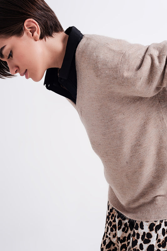 V neck jumper in brown | Just Cool Beans — sweaters | tops