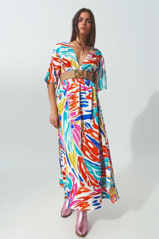 V neck maxi dress with multicolor print | Just Cool Beans — dresses