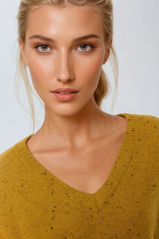 V-neck relaxed fit speckled sweater in mustard yellow | Just Cool Beans — sweaters | relaxed fit | tops
