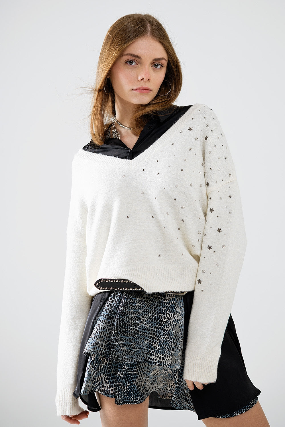 V-neck sweater embellished with metallic stars | Just Cool Beans — sweaters | tops