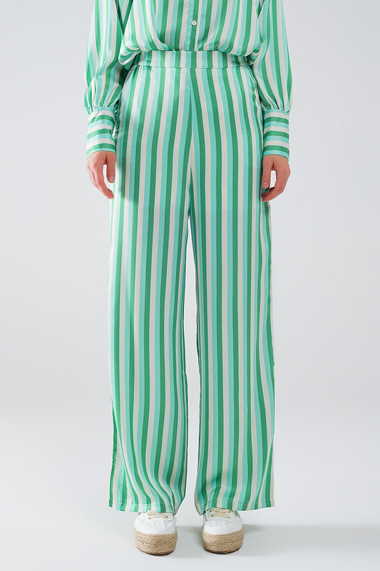 Vertical striped straight leg satin pants in green | Just Cool Beans — pants | bottoms