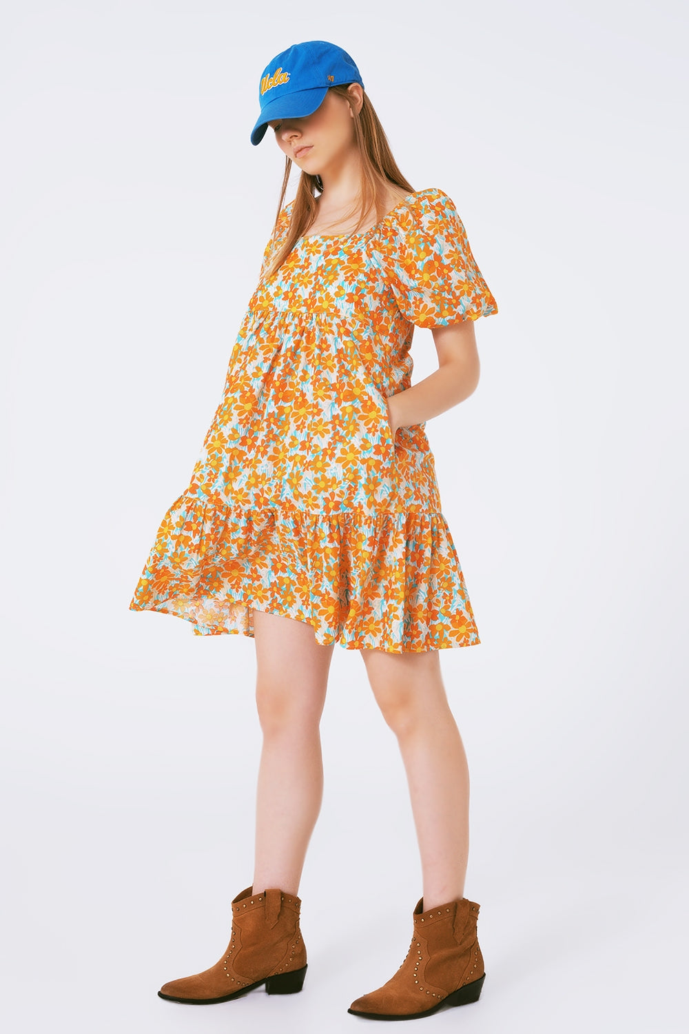 Vestido corto amplio estampado de flores y mangas abullonadas | Just Cool Beans — dresses