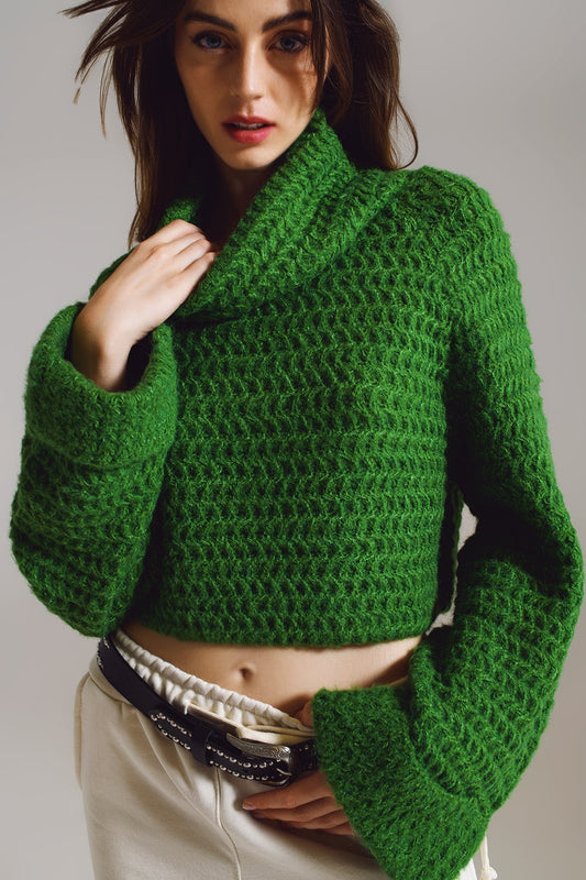 Waffle knit jumper with turtle neck and rolled cuffs in green | Just Cool Beans — sweaters | tops