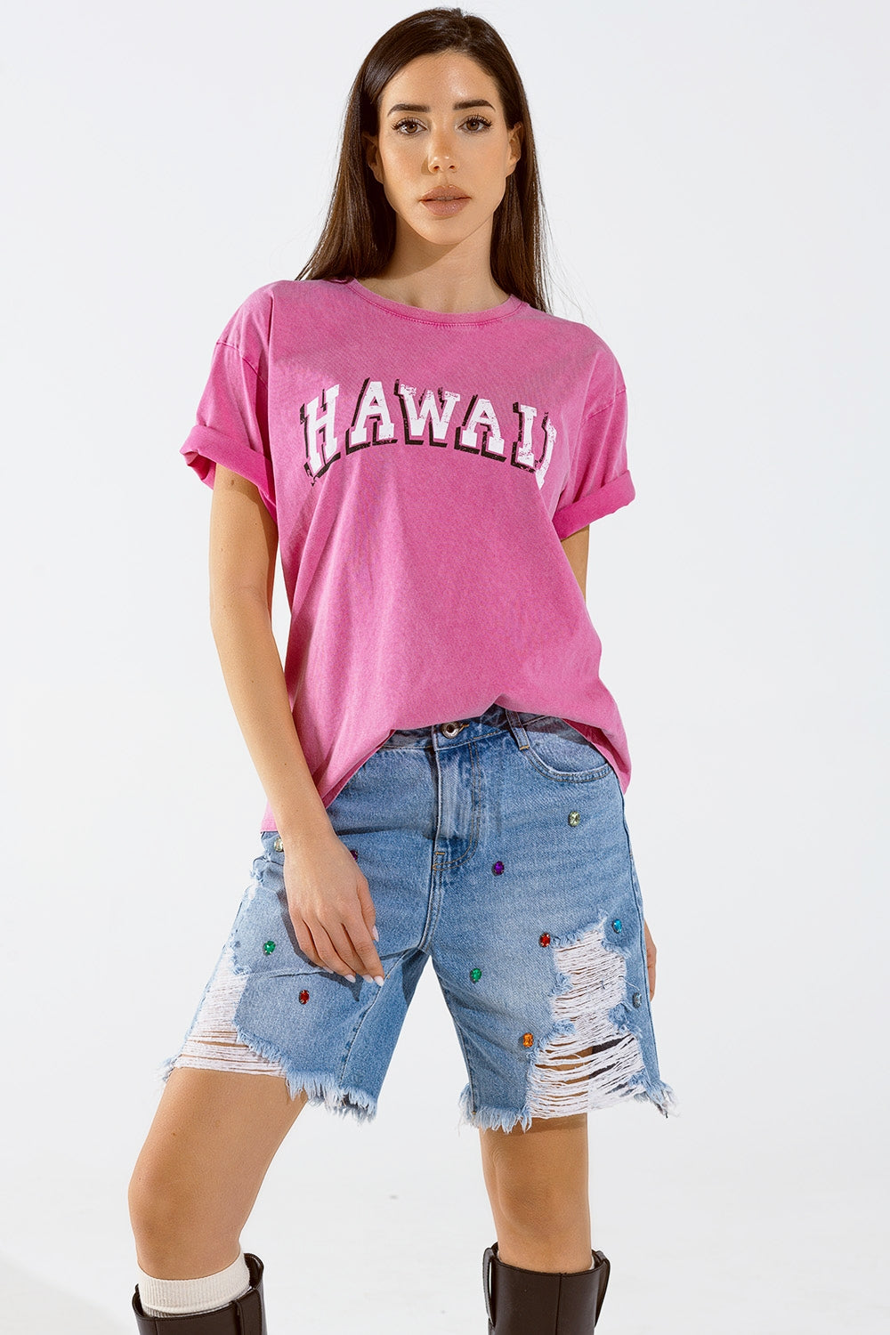 Washed effect hawaii t-shirt in fuchsia | Just Cool Beans — tops