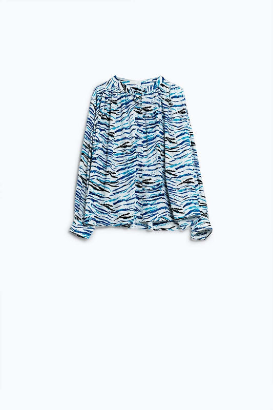 White blouse with blue animal print and long sleeves | Just Cool Beans — shirts | tops