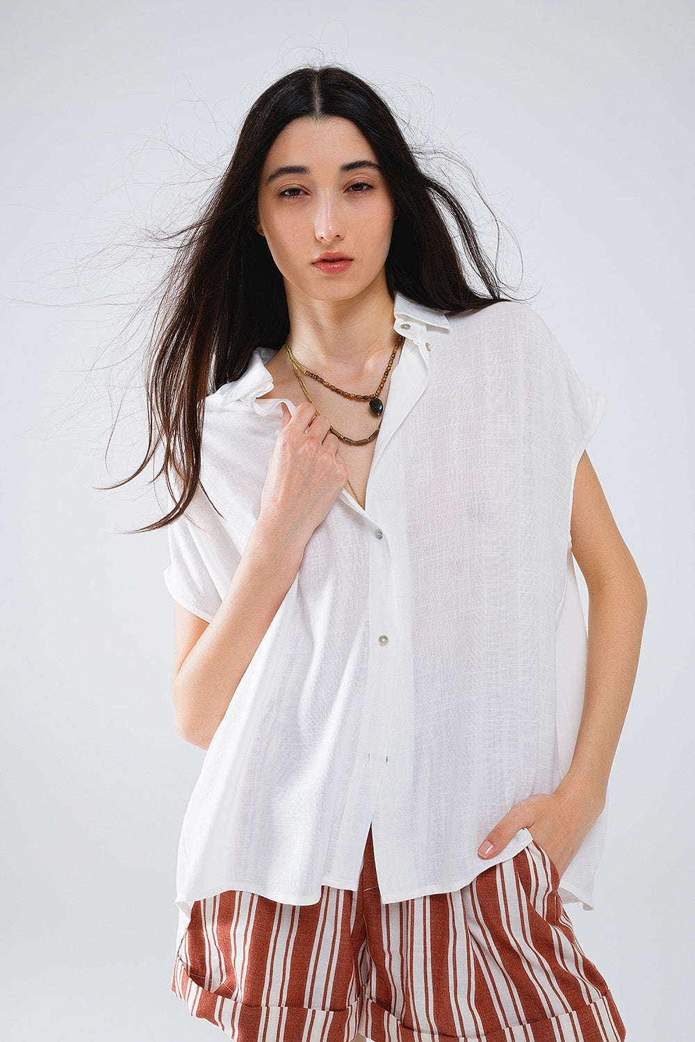 White button up blouse with polo collar | Just Cool Beans — shirts | tops