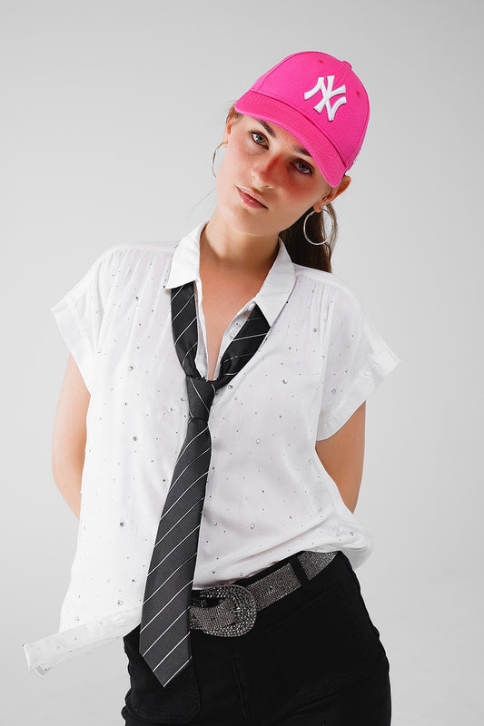 White button up blouse with strass all over and short sleeves | Just Cool Beans — shirts | bottoms