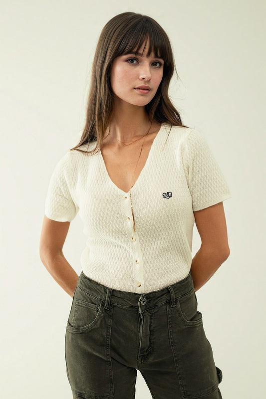 White cardigan with short sleeves and front closure with button | Just Cool Beans — sweaters | bottoms