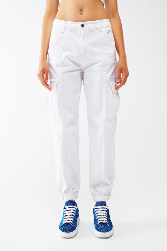 White cargo pants with elasticated waist and hem | Just Cool Beans — jeans | bottoms