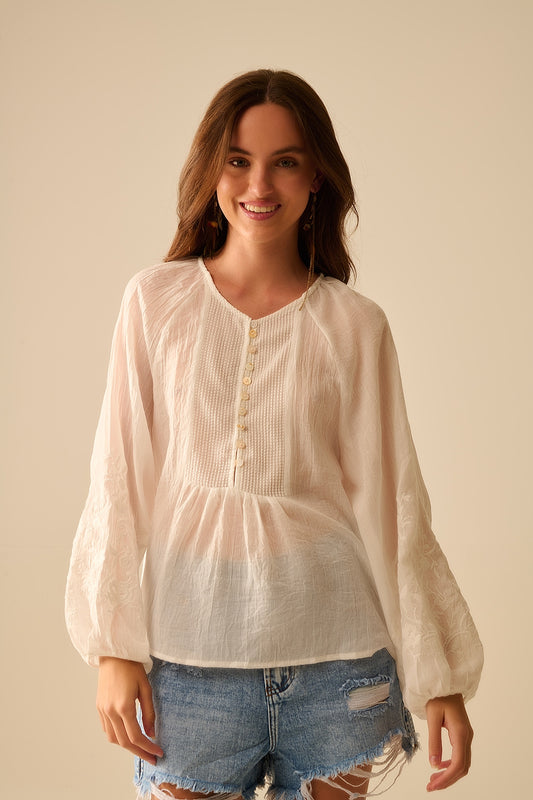 White chiffon blouse with embroidery on the sleeves | Just Cool Beans — shirts | tops