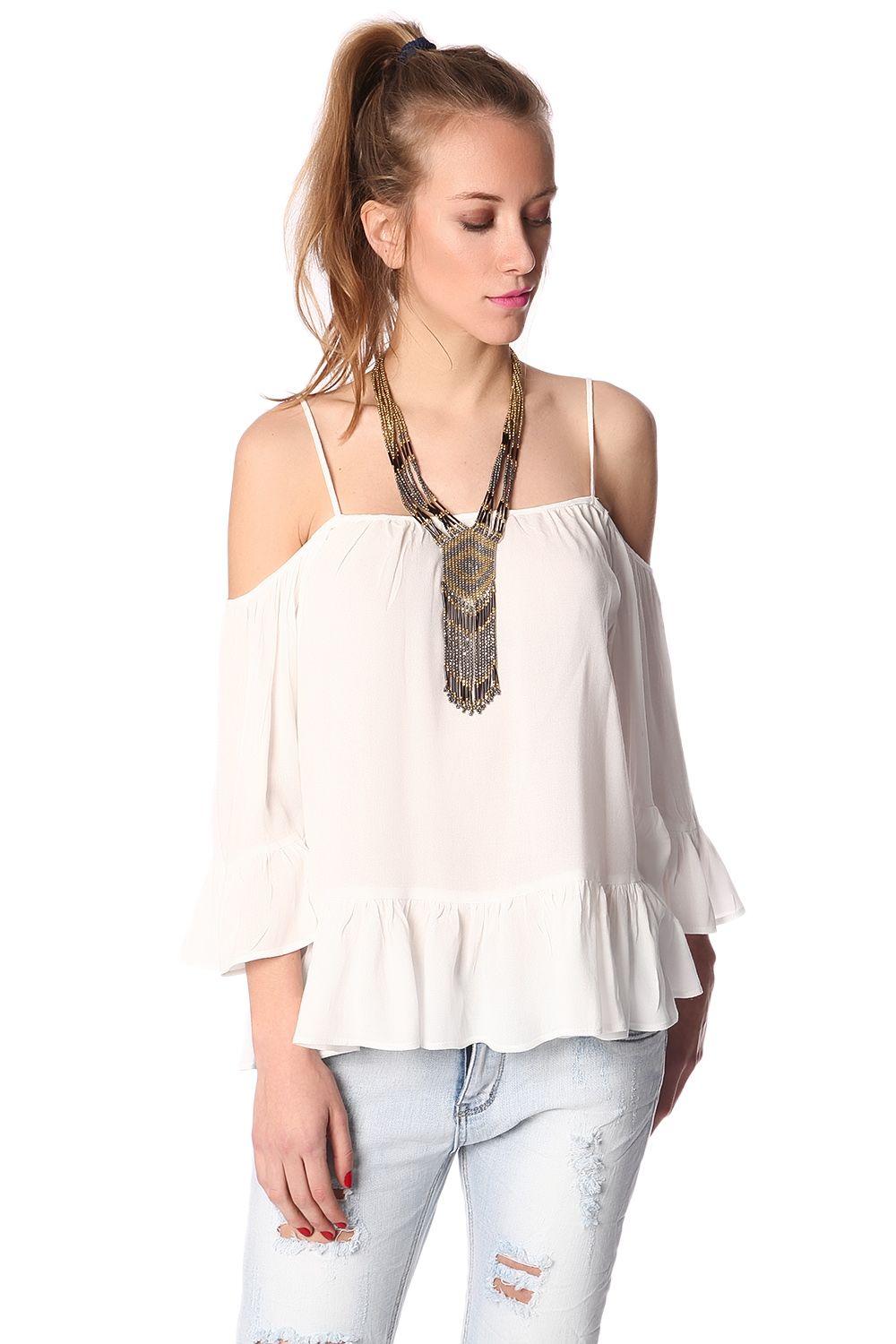 White cold shoulder top with frill trims | Just Cool Beans — shirts | tops