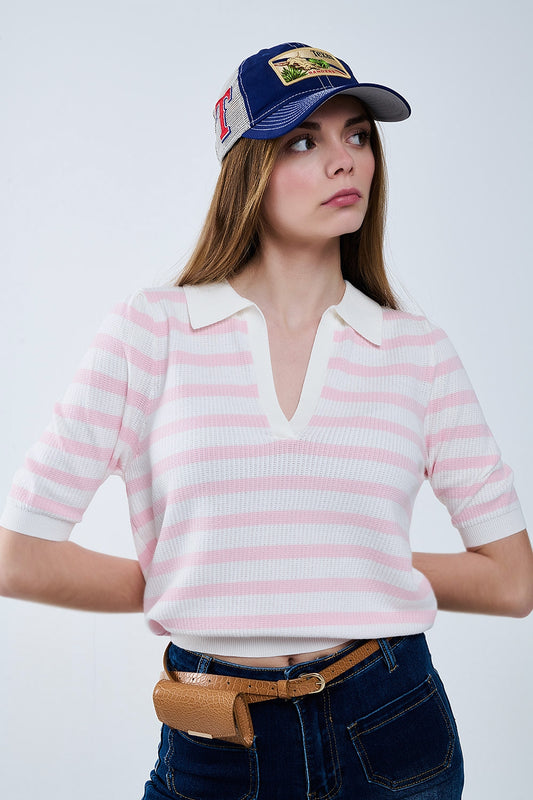 White crop knitted polo top with pink stripes | Just Cool Beans — sweaters | tops