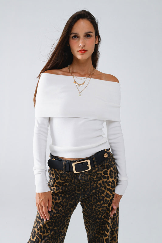 White fine knit sweater with wide boat neck | Just Cool Beans — sweaters | tops