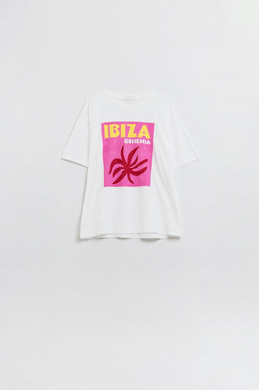 White ibiza bohemia relaxed t-shirt with pink print | Just Cool Beans — tops