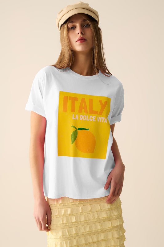 White italy dolce vita t-shirt with lemon graphic print | Just Cool Beans — tops