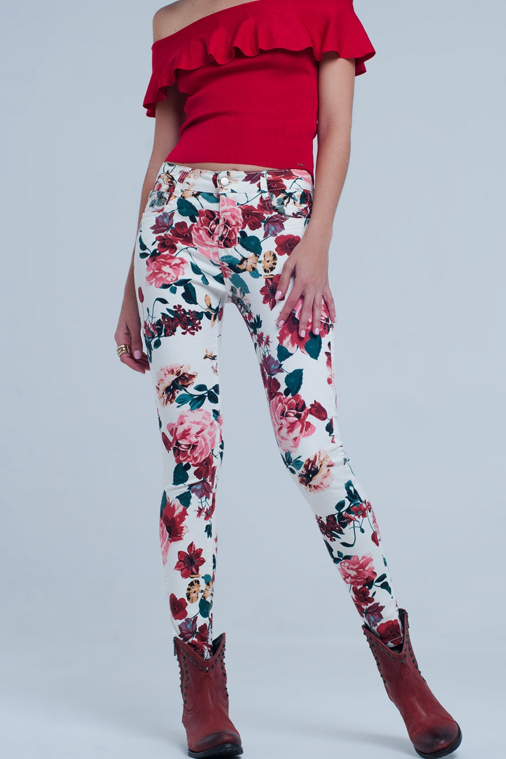 White jeans with roses print | Just Cool Beans — jeans | the denim shop