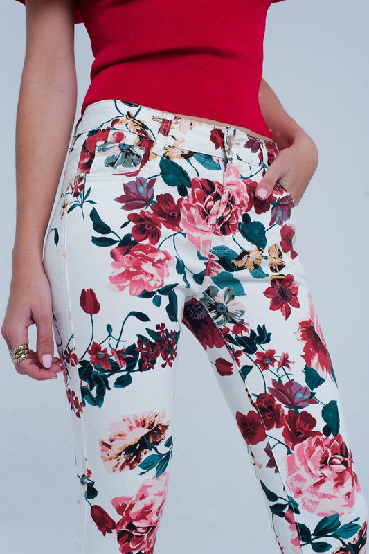White jeans with roses print | Just Cool Beans