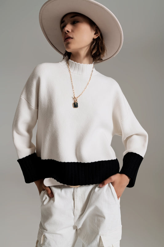 White jumper with black ribbed cuffs and hem | Just Cool Beans — sweaters | tops