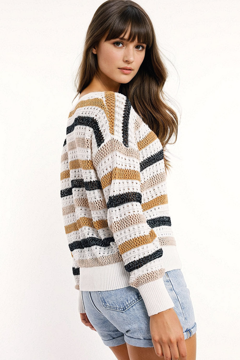 White knit sweater with multicolored stripes | Just Cool Beans — sweaters | tops