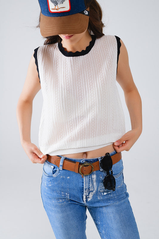 White knitted pointelle top with black wavy trim | Just Cool Beans — sweaters | tops