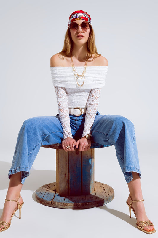 White lace bodycon off the shoulder top | Just Cool Beans — tops