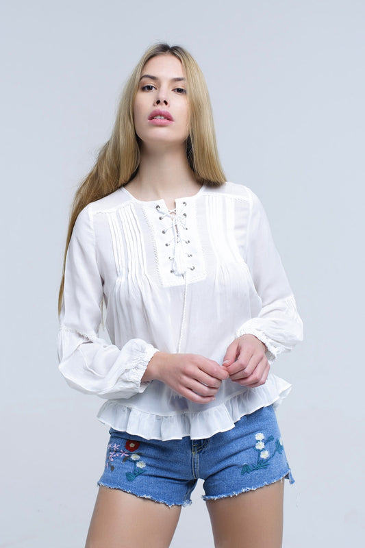White lace up top with ruffle detail | Just Cool Beans — shirts | tops