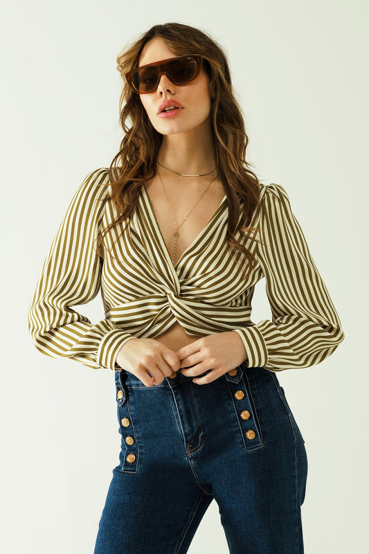 White long sleeves crop top with brown stripes and v-neck | Just Cool Beans — tops
