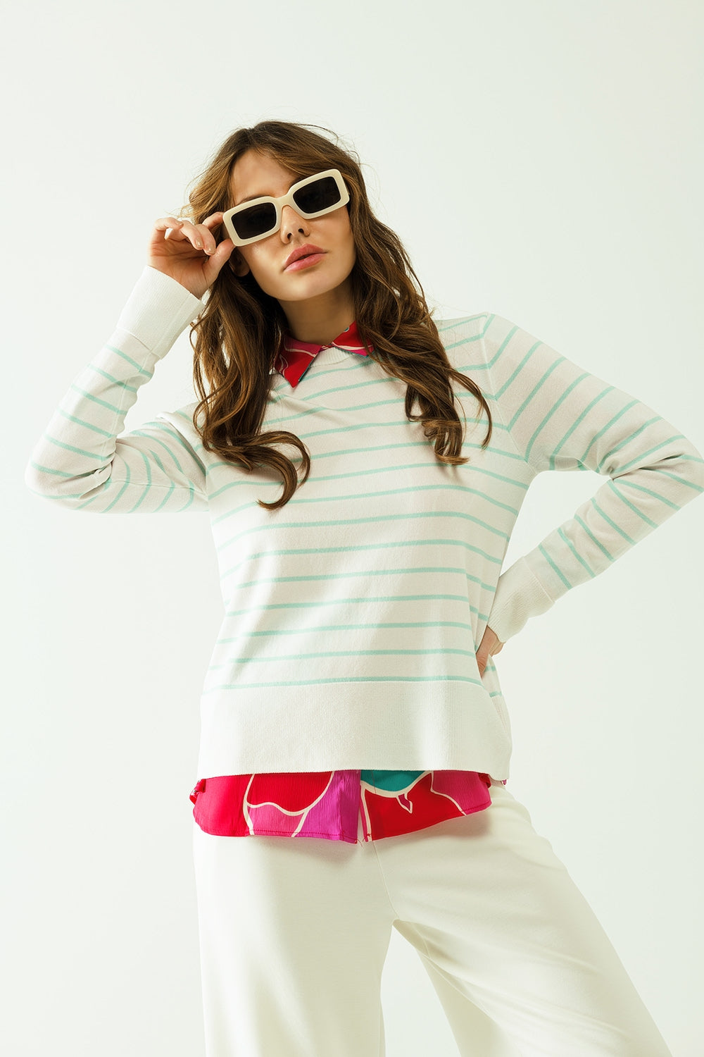 White long sleeves sweater with light green stripes | Just Cool Beans — sweaters | tops
