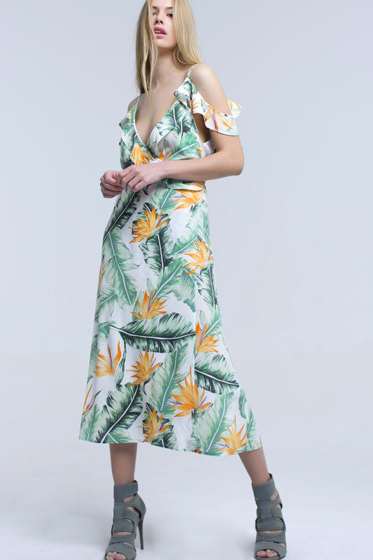 White midi dress in tropical leaves | Just Cool Beans — dresses